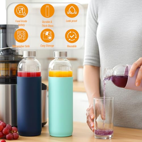 Luxfuel 18 oz Glass Bottles with Lids and Silicone Sleeve, Reusable Glass Juice Bottles with Stainless Steel Cap for Juicing, Refrigerator,100% Leak Proof, BPA Free,Glass Water Bottles Set of 10 - Image 2