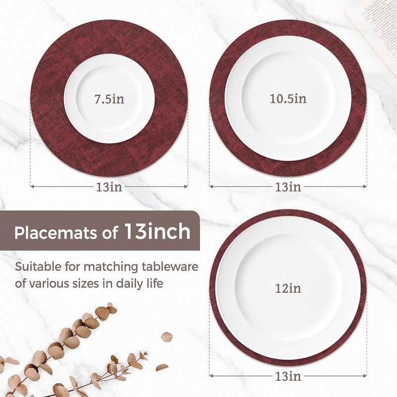 NCUE 13" Round Placemats Set of 12, Reversible Faux Leather Heat Resistant Table Mats, 100% Waterproof Oilproof Wipeable Table Protective Placemats for Vinyl, Washable for Indoor (12, Burgundy) - Image 2
