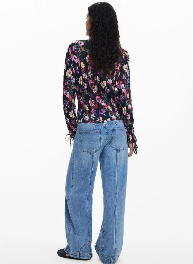 Desigual Black Pleated Floral Blouse for Women | Best Price UAE