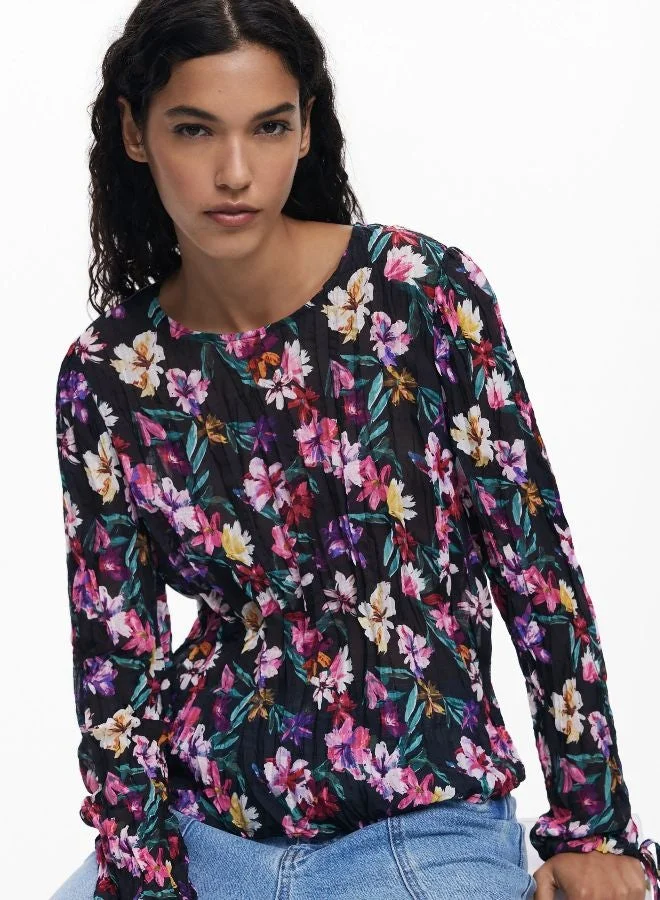 Desigual Black Pleated Floral Blouse for Women | Best Price UAE