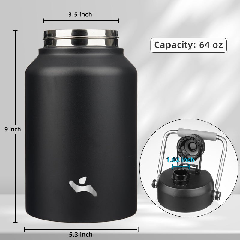 Konokyo Half Gallon Jug with Handle,64 oz Insulated Water Bottle with Carrying Pouch,Double Wall Vacuum Stainless Steel Metal Bottle,Black - Image 2