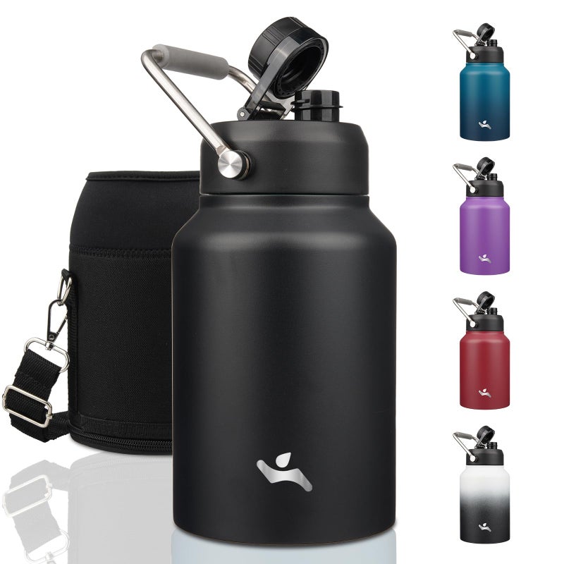 Konokyo Half Gallon Jug with Handle,64 oz Insulated Water Bottle with Carrying Pouch,Double Wall Vacuum Stainless Steel Metal Bottle,Black - Image 1