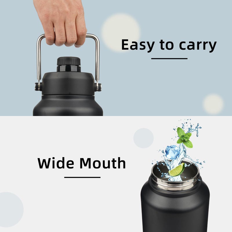 Konokyo Half Gallon Jug with Handle,64 oz Insulated Water Bottle with Carrying Pouch,Double Wall Vacuum Stainless Steel Metal Bottle,Black - Image 4