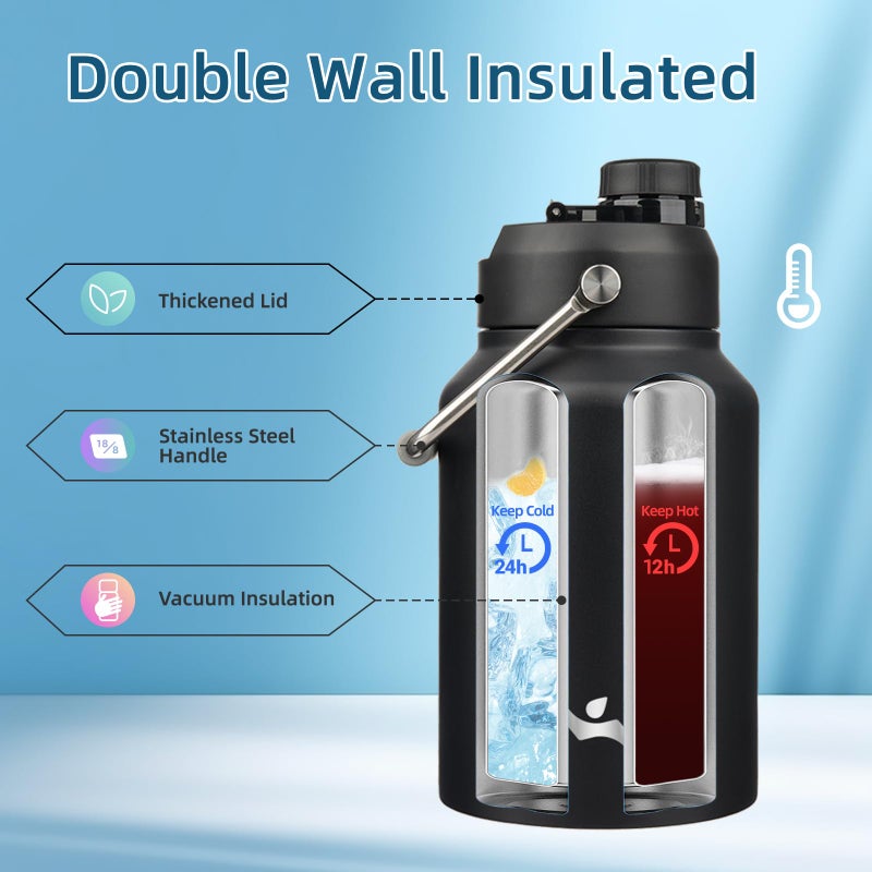 Konokyo Half Gallon Jug with Handle,64 oz Insulated Water Bottle with Carrying Pouch,Double Wall Vacuum Stainless Steel Metal Bottle,Black - Image 3