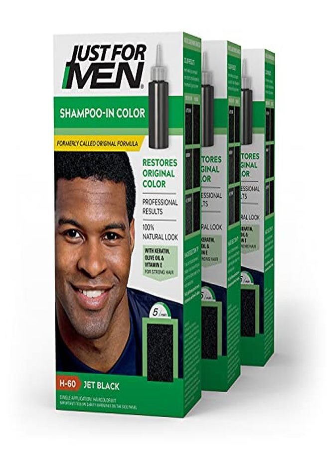 Just For Men شامبو ملون (التركيبة الأصلية سابقًا)، صبغة الشعر الرمادي للرجال، بالكيراتين وفيتامين إي لشعر أقوى - أسود غامق، H-60، عبوة من 3 قطع (قد تختلف العبوة)  - Image 1