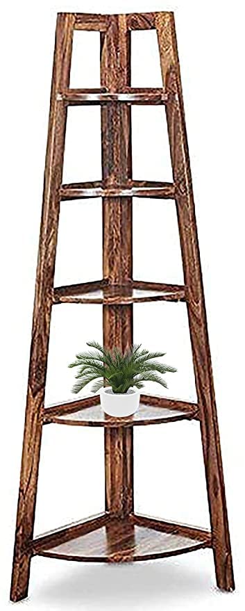 CRAFT D ARTS Sheesham Wood 5 Shelves Corner Book Shelf [Natural Brown Finish] - Image 1