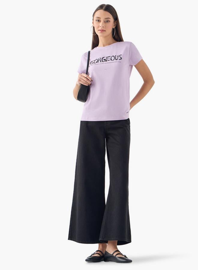 سبلاش فيڤ تيشيرت بياقة مستديرة مطرز بأكمام قصيرة - Image 2