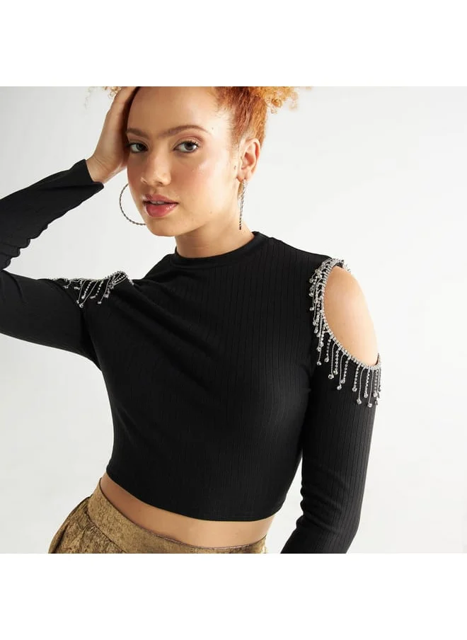 FAV Embellished Crop T-shirt with Cold Shoulder Detail