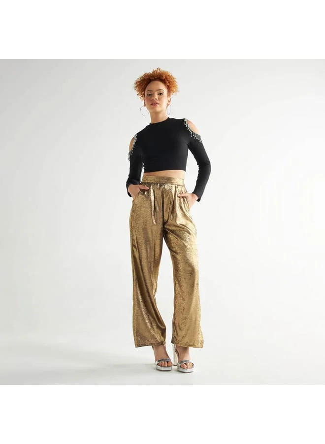 Splash FAV Embellished Crop T-shirt with Cold Shoulder Detail