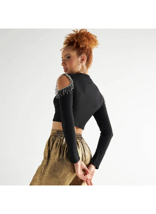 Splash FAV Embellished Crop T-shirt with Cold Shoulder Detail
