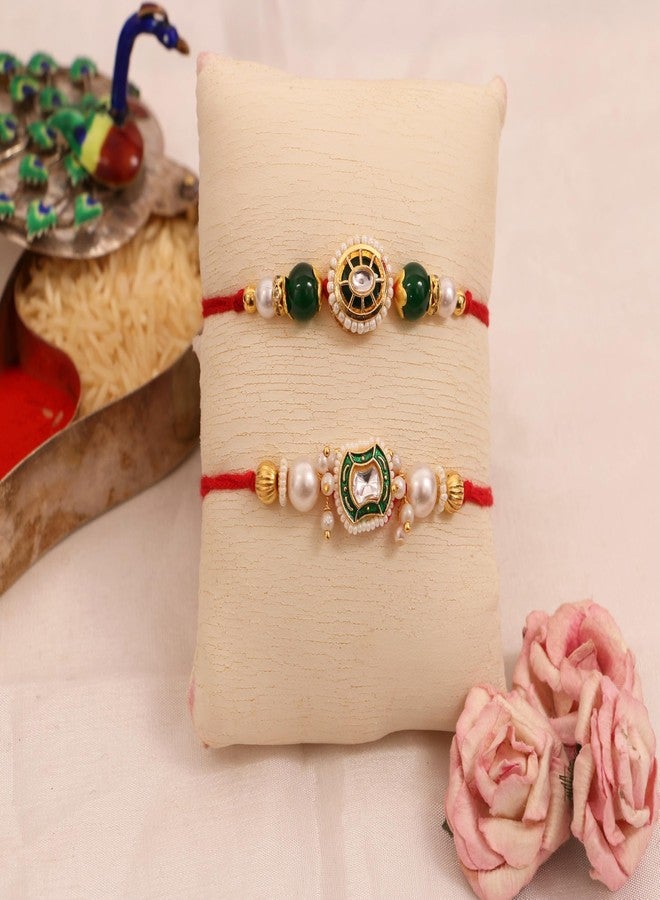 SKYLOFTS Set of 2 Peal Bracelet Kundan Rakhi for Bhaiya Rakhi Set for Brother Bhai with Roli Chawal & Card Rakshabandhan Gifts for Brother (Green) - Image 1