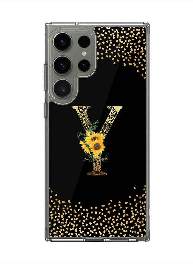 Stylizedd حافظة شفافة كلاسيكية لهاتف سامسونج جالاكسي S24 ألترا، غلاف هجين شفاف ناعم مخصص بحرف أولي ونمط زهور - Y (أسود) - Image 1