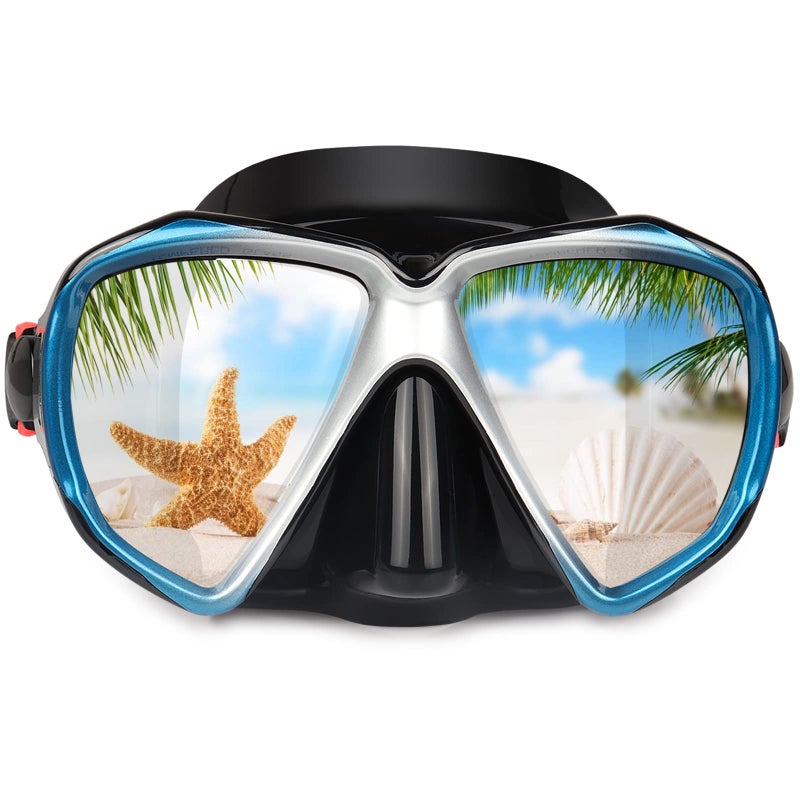 EXP VISION قناع الغوص تحت الماء بانورامي HD، نظارات الغوص المضادة للضباب، قناع زجاجي مقسى للغوص للبالغين والشباب مع غطاء للأنف للغوص، الغطس، السباحة (أسود أزرق) - Image 1