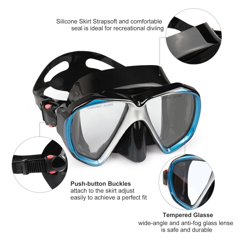 EXP VISION قناع الغوص تحت الماء بانورامي HD، نظارات الغوص المضادة للضباب، قناع زجاجي مقسى للغوص للبالغين والشباب مع غطاء للأنف للغوص، الغطس، السباحة (أسود أزرق) - Image 4