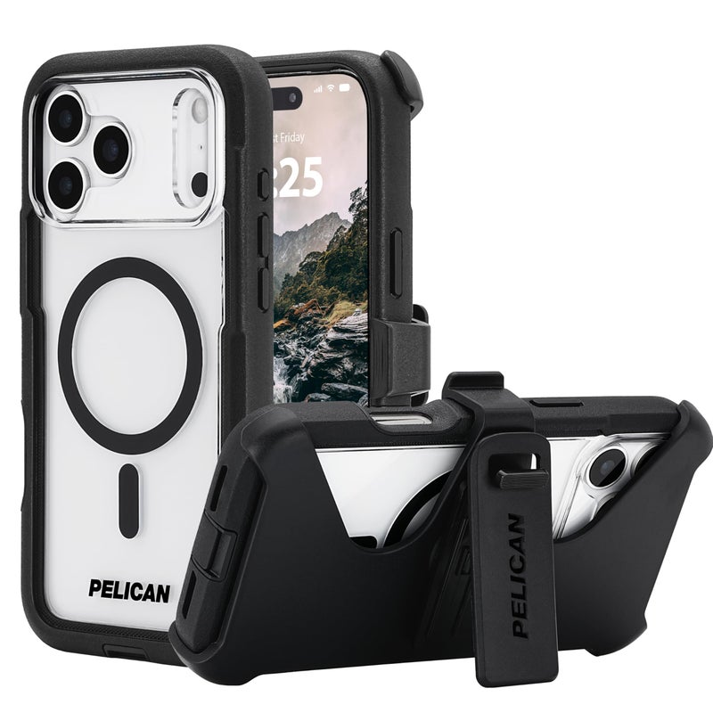 Pelican Voyager iPhone 17 Pro Case [Compatible with MagSafe] Rugged Phone Case w/ 24ft Military-Grade Drop Protection - Heavy Duty Phone Cover w/Belt Clip Holster for iPhone 17 Pro - Black/Clear - Image 1