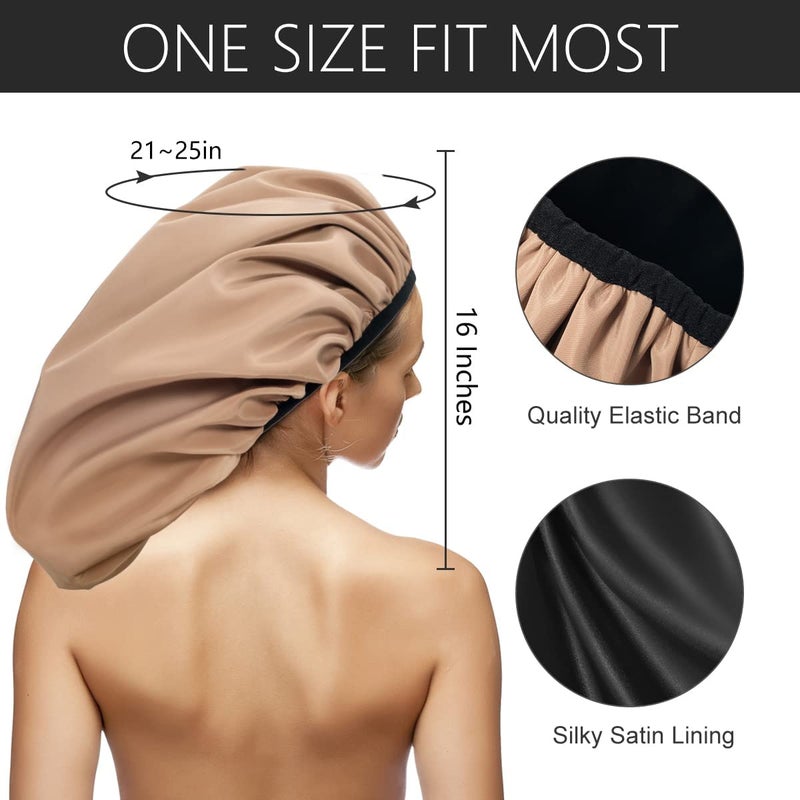 Auban Extra Large Shower Cap for Braids, Double-Layer Waterproof Reusable Satin Lining XL Shower Cap for Women Long Hair, Locs, perms (khaki) - Image 2