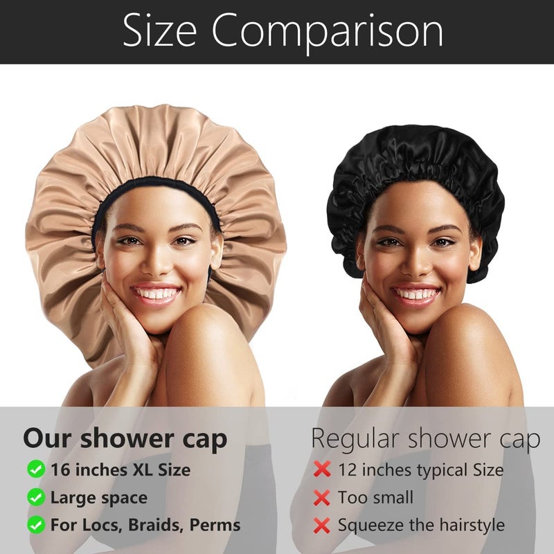 Auban Extra Large Shower Cap for Braids, Double-Layer Waterproof Reusable Satin Lining XL Shower Cap for Women Long Hair, Locs, perms (khaki) - Image 4