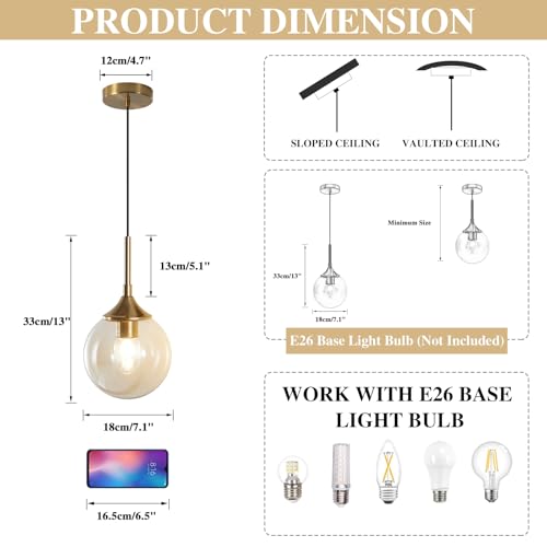 KCO Lighting Mid Century Modern Pendant Chandelier Amber Glass Hanging Lamp Gold Globe Pendant Lights Kitchen Island Brushed Brass Pendant Light Large Kitchen Pendant Lighting Over Island - Image 2