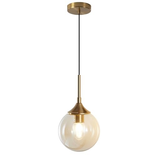 KCO Lighting Mid Century Modern Pendant Chandelier Amber Glass Hanging Lamp Gold Globe Pendant Lights Kitchen Island Brushed Brass Pendant Light Large Kitchen Pendant Lighting Over Island - Image 1