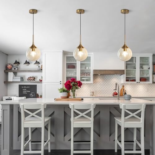 KCO Lighting Mid Century Modern Pendant Chandelier Amber Glass Hanging Lamp Gold Globe Pendant Lights Kitchen Island Brushed Brass Pendant Light Large Kitchen Pendant Lighting Over Island - Image 4