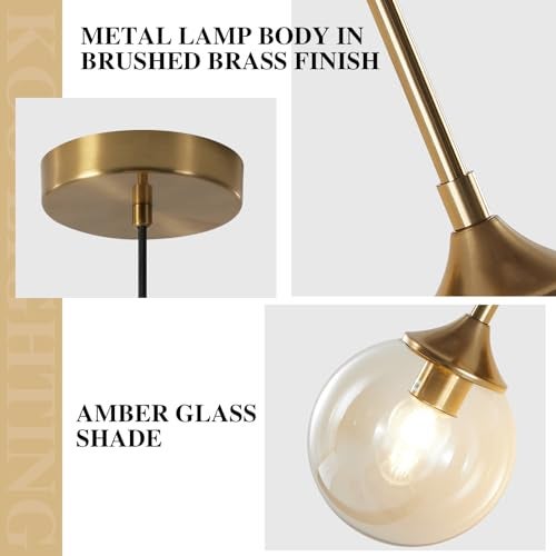 KCO Lighting Mid Century Modern Pendant Chandelier Amber Glass Hanging Lamp Gold Globe Pendant Lights Kitchen Island Brushed Brass Pendant Light Large Kitchen Pendant Lighting Over Island - Image 3