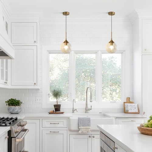 KCO Lighting Mid Century Modern Pendant Chandelier Amber Glass Hanging Lamp Gold Globe Pendant Lights Kitchen Island Brushed Brass Pendant Light Large Kitchen Pendant Lighting Over Island - Image 5
