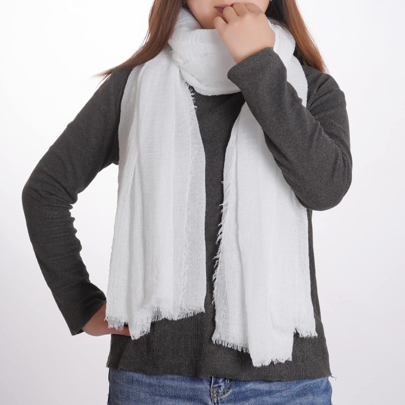 Wobe Women Summer Cotton Blend Crinkle Vintage Soft Long Scarf Linen Beach Shawl Wrap (White) - Image 3