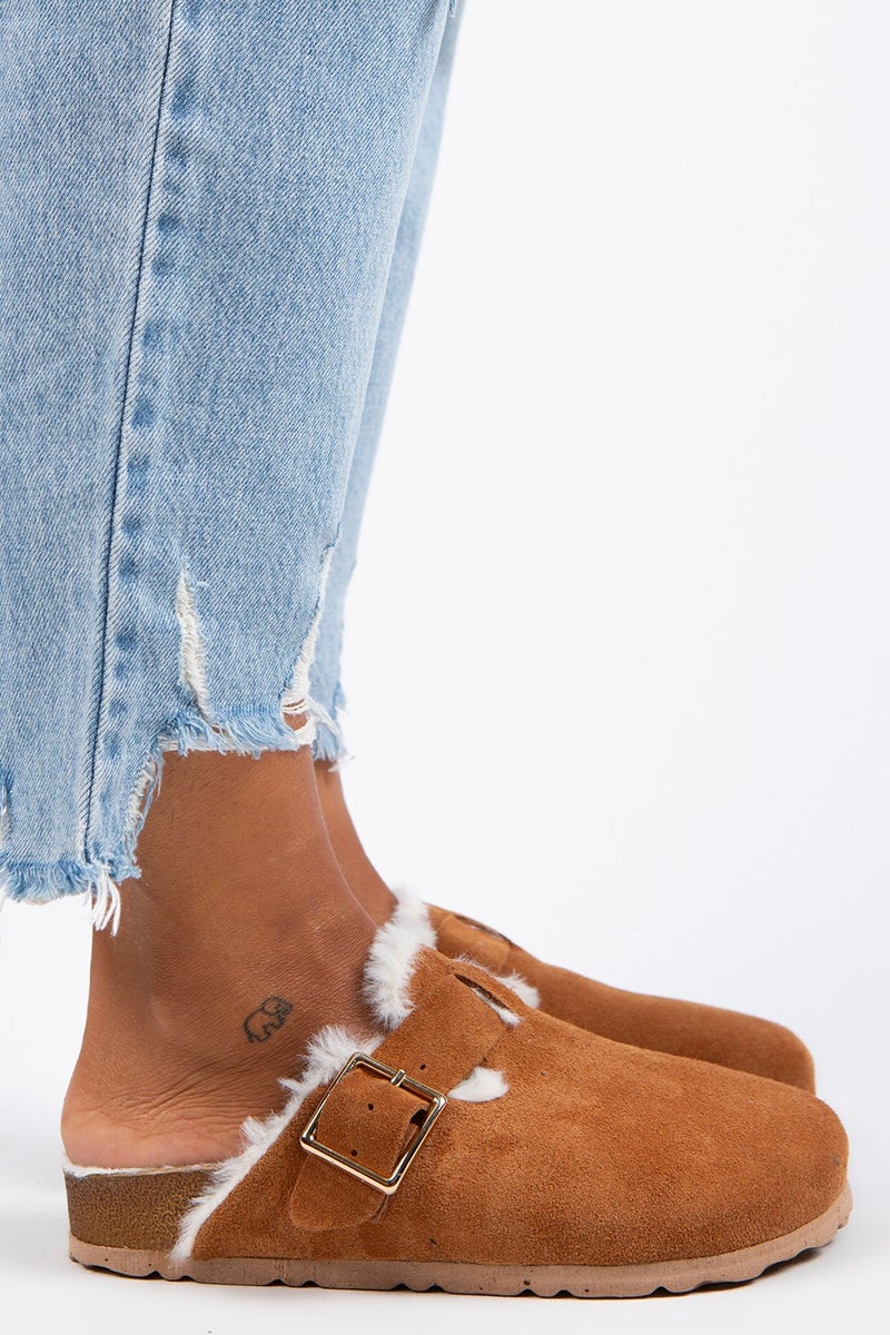 Manijero Manjero Zeta Shearling Women's Genuine Leather Buckle Belted Furry Tan Suede Slippers  - Image 1