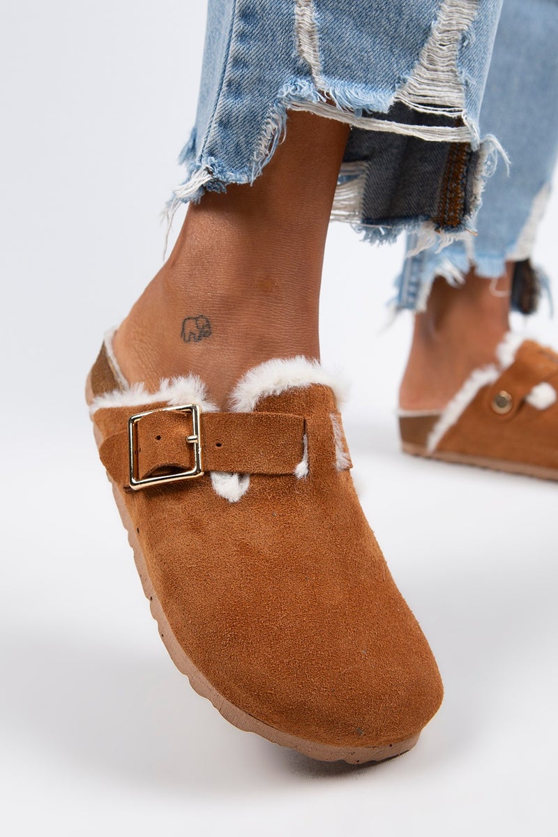 Manijero Manjero Zeta Shearling Women's Genuine Leather Buckle Belted Furry Tan Suede Slippers  - Image 3