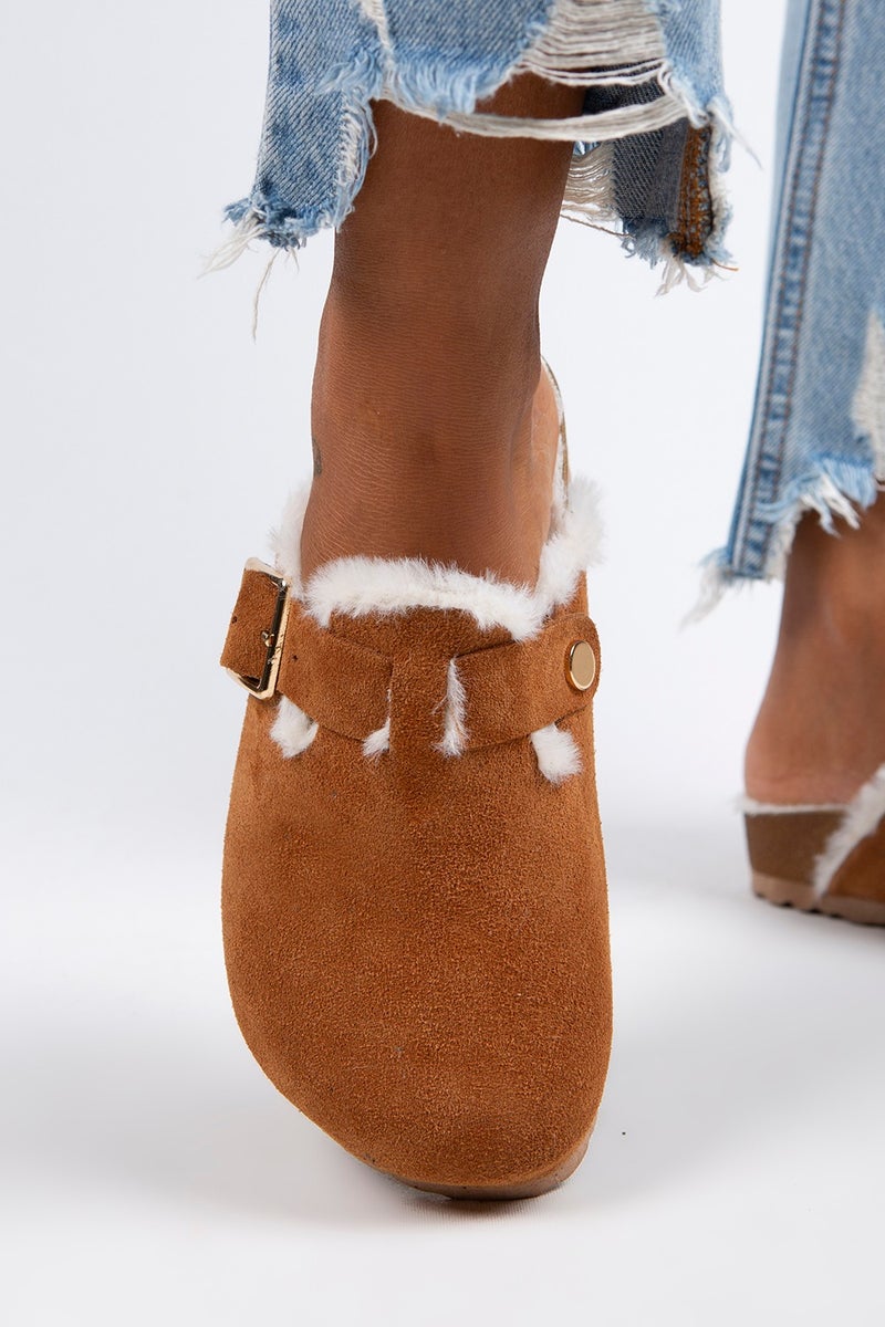 Manijero Manjero Zeta Shearling Women's Genuine Leather Buckle Belted Furry Tan Suede Slippers  - Image 4