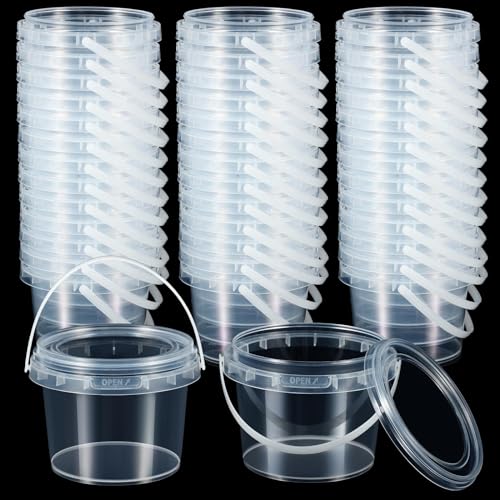 Maxcheck ماكس تشيك 100 قطعة حاويات سعة 10 أونص مع أغطية ومقابض بلاستيكية شفافة سعة 300 مل حاويات تخزين دلو صغيرة لحفلات DIY فنون وحرف صبغة عجين حلوى قطن لوشن أدوات صغيرة - Image 1