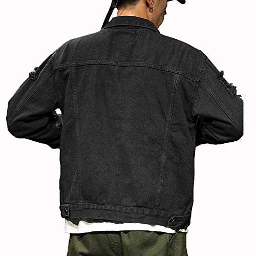 Rexcyril Men's Distressed Denim Jacket Casual Ripped Holes Button Down Trucker Jacket Jean Coat Black, Medium - Image 3