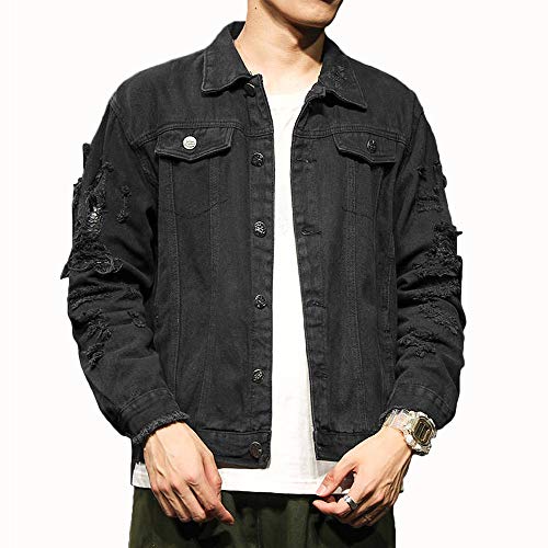 Rexcyril Men's Distressed Denim Jacket Casual Ripped Holes Button Down Trucker Jacket Jean Coat Black, Medium - Image 2