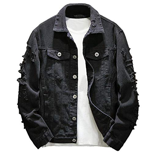 Rexcyril Men's Distressed Denim Jacket Casual Ripped Holes Button Down Trucker Jacket Jean Coat Black, Medium - Image 1