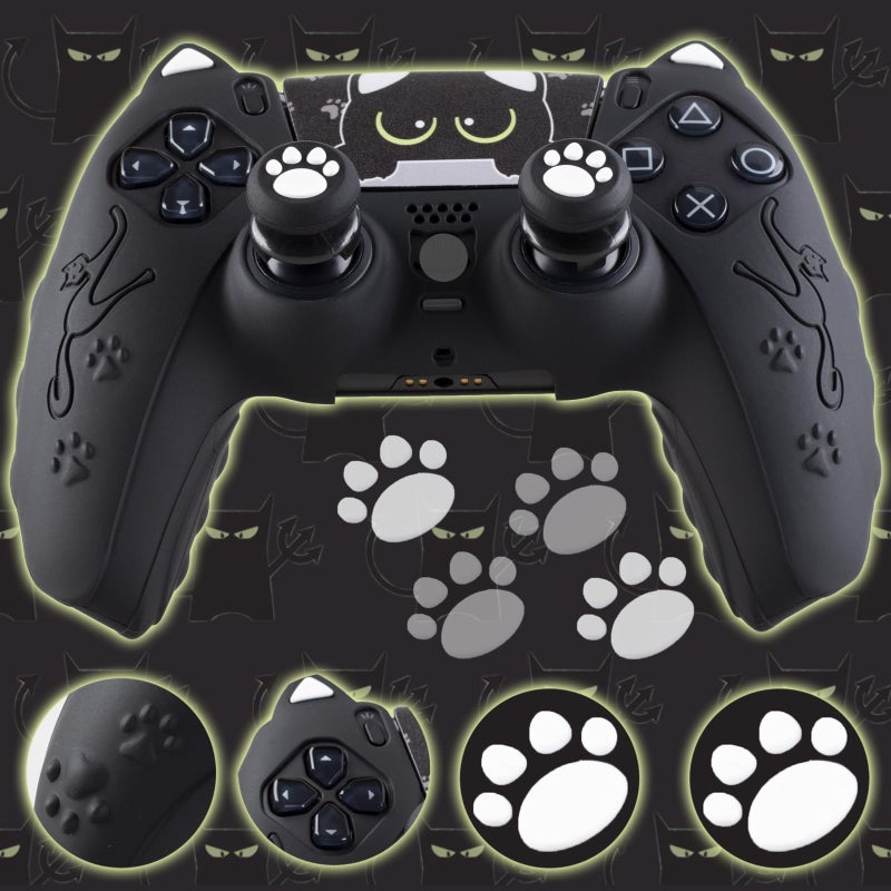 PlayRealm Silicone Skin Cover Sticker x 1 & Extender Grips x 2 for PS5 Controller Cats Black - Image 3