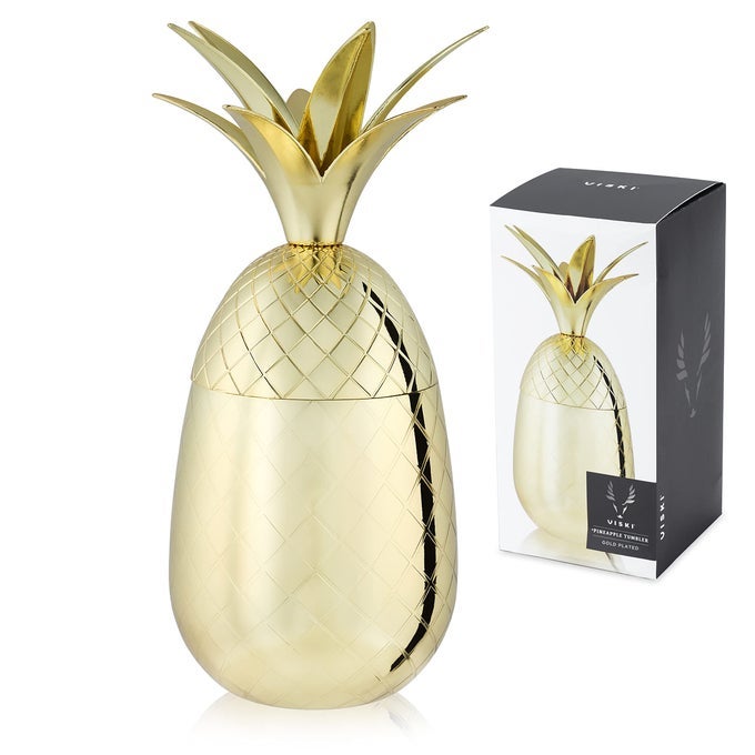 GOLD PINEAPPLE TUMBLER WITH LID FOR MAI TAIS TIKI DRINKS AND CRAFT COCKTAILS TUMBLER CUP STAINLESS STEEL WITH GOLD PLATING 16 OZ SET OF 1