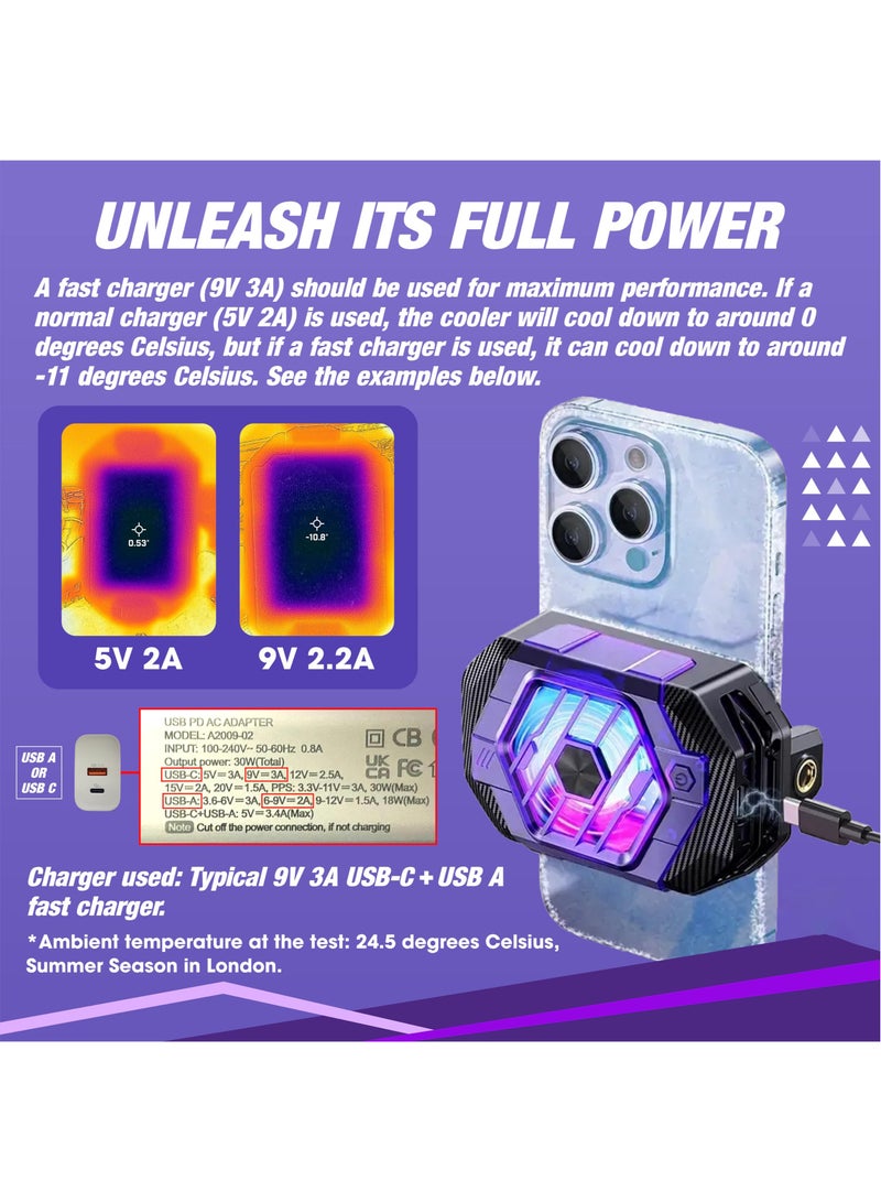 مبرد هاتف الألعاب RGB، وسادة تبريد سريعة من أشباه الموصلات لهواتف iPhone/Android - متوافقة مع PUBG Mobile و COD Mobile (أرجواني داكن وأسود) - Image 4