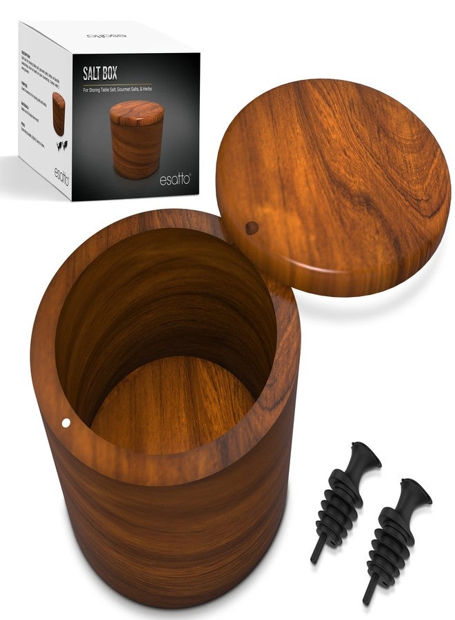 Esatto Round Acacia Wooden Salt Box, Magnetic Swivel Lid, Salt pepper or Spice Storage Box, 2 Wine Pourers Included - Image 1