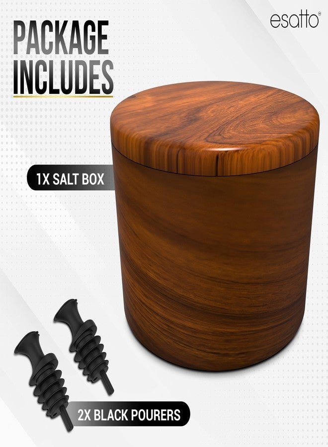 Esatto Round Acacia Wooden Salt Box, Magnetic Swivel Lid, Salt pepper or Spice Storage Box, 2 Wine Pourers Included - Image 2