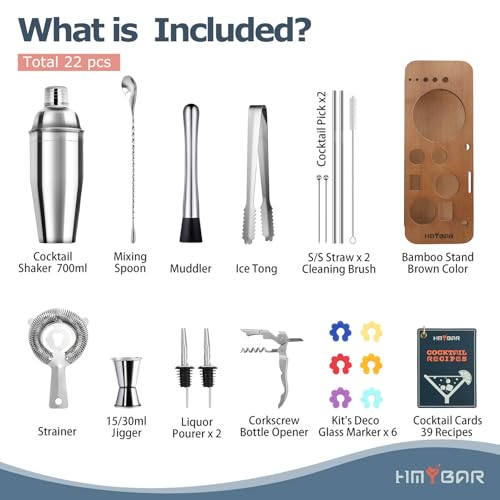 HMYBAR® 22-pc Cocktail Shaker Set(24oz/700ml) | Mixology Bartender Kit | Bar Tool Set | Martini Making Set with 39-Recipe Cocktail Cards & Kit's Deco, Bamboo Stand Brown Color, Silver Tools - Image 3