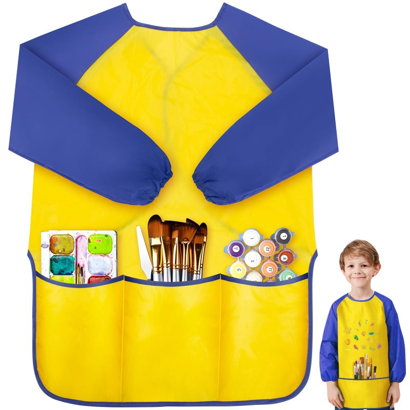 IKAYAS Kids Art Smock with Long Sleeves Waterproof Painting Apron for Toddlers Artist Smock with 3 Pockets Machine Washable Craft Smock for Age 35 Years Yellow and Blue - Image 2