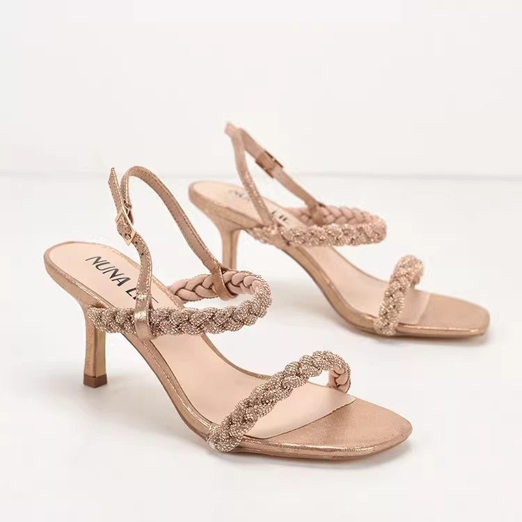 Champagne Gold One-Strap Rhinestone High Heel Sandals - Image 5