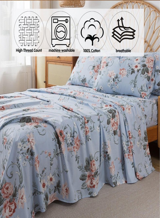 FADFAY Queen Sheets Set Percale Cotton Floral Bed Sheets Deep Pocket Fitted Sheet, Luxury Pink Roses and White Small Flowers Pattern Shabby Vintage Countryside Style Bedding,4Pcs - Image 4