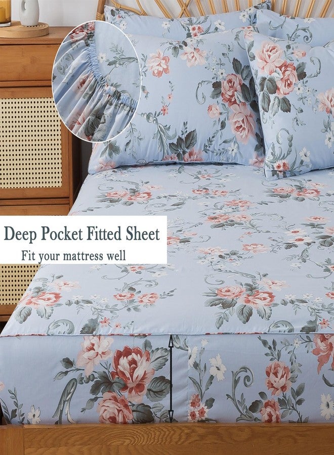 FADFAY Queen Sheets Set Percale Cotton Floral Bed Sheets Deep Pocket Fitted Sheet, Luxury Pink Roses and White Small Flowers Pattern Shabby Vintage Countryside Style Bedding,4Pcs - Image 3