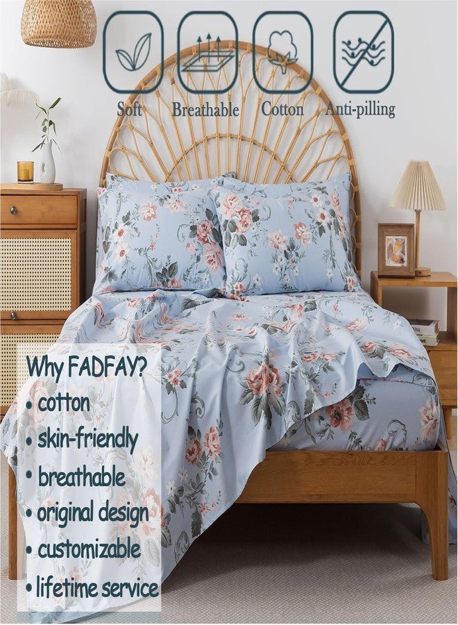 FADFAY Queen Sheets Set Percale Cotton Floral Bed Sheets Deep Pocket Fitted Sheet, Luxury Pink Roses and White Small Flowers Pattern Shabby Vintage Countryside Style Bedding,4Pcs - Image 2