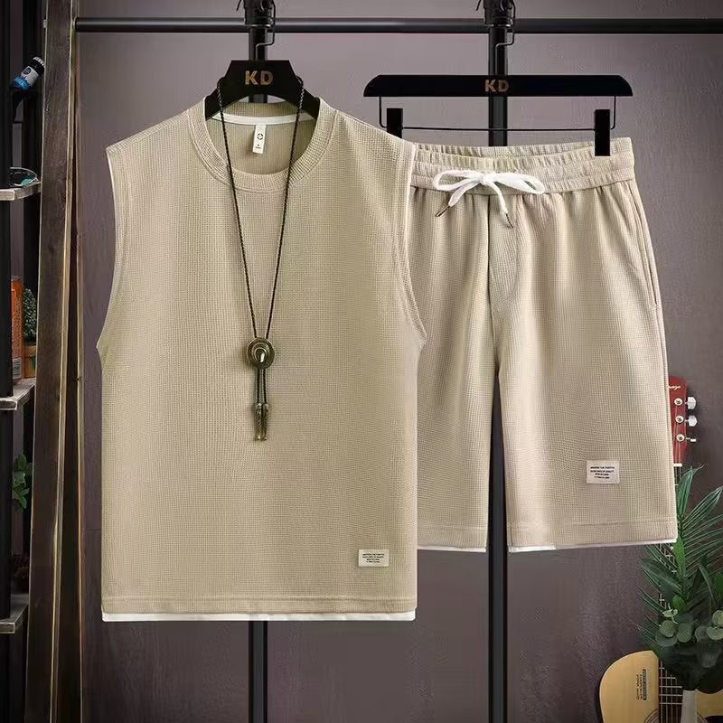 Ins Fashionable Vest Casual suit Simple Summer New Arrival Five-point Pants Fashionable Brand Popular Vest Mens Sleeveless T-Shirt Khaki - Image 1
