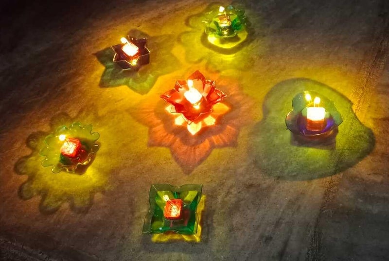 FLUZOV FLUZOV Water Sensor Diwali Special Colorful 3D Reflection Oil Diyas Diwali Decoration 12Pc Set 6 Different Color 12 M  - Image 1
