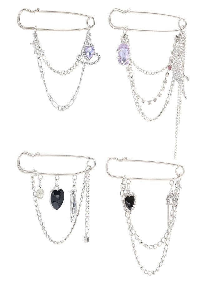 beinkmake 4Pcs Hanging Long Chain Brooch Vintage Multilayer Chain Pin Silvery Heart Butterfly Star Punk Lapel Pins for Women Dress Suit Collar Christmas Birthday Jewelry Gift - Image 1