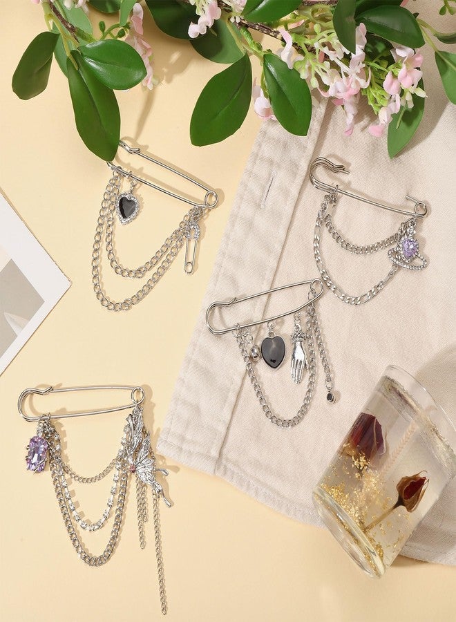 beinkmake 4Pcs Hanging Long Chain Brooch Vintage Multilayer Chain Pin Silvery Heart Butterfly Star Punk Lapel Pins for Women Dress Suit Collar Christmas Birthday Jewelry Gift - Image 2