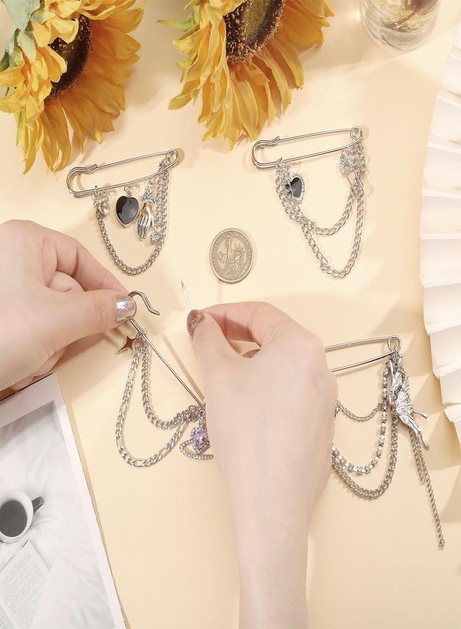 beinkmake 4Pcs Hanging Long Chain Brooch Vintage Multilayer Chain Pin Silvery Heart Butterfly Star Punk Lapel Pins for Women Dress Suit Collar Christmas Birthday Jewelry Gift - Image 4